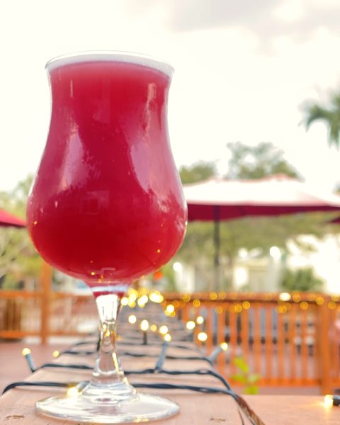 Raspberry Beret, a pink beer in a tulip glass, on the deck
