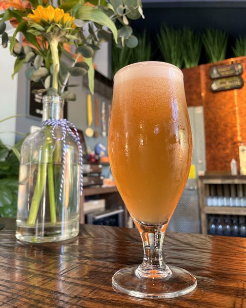 Hazy beer in a tulip glass next to a vase of flowers